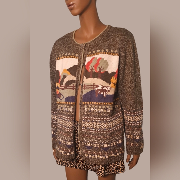 Northern Reflections Sweaters - VINTAGE NORTERN REFLECTIONS COTTON KNIT CARDIGAN COW PRINT VILLAGE PRINT SIZE M